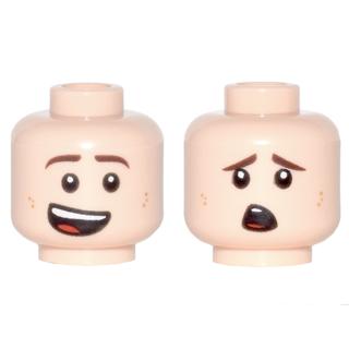 Minifigure Head Dual Sided Brown Eyebrows Dark Tan Dimples Lopsided Smile / Scared Pattern - Part - 3626pb1765 - Light Nougat - used - Qty:1