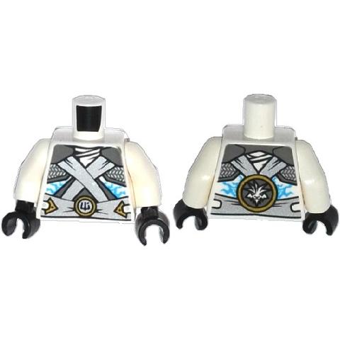 Torso Ninjago Shoulder Armor with Silver Belts and Ice Power Emblem Pattern / White Arms / Black Hands - Part - 973pb1753c01 - White - used - Qty:1