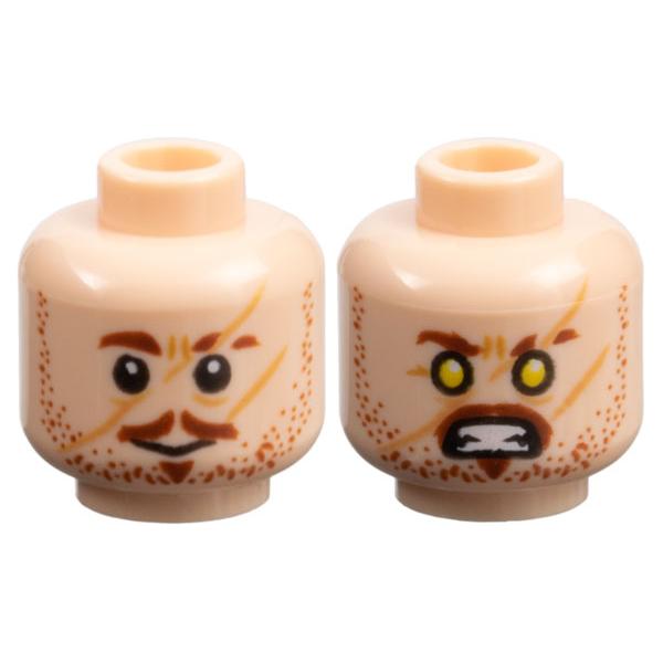 Minifigure Head Dual Sided Male Reddish Brown Eyebrows Moustache Soul Patch and Stubble Medium Nougat Scars Grin / Yellow Eyes and Bared Teeth Pattern - Part - 3626pb2178 - Light Nougat - used - Qty:1