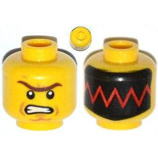 Minifigure Head Dual Sided Reddish Brown Unibrow Cheek Lines Angry / Red Zigzag Line on Black Background Pattern - Part - 3626pb1068 - Yellow - used - Qty:1