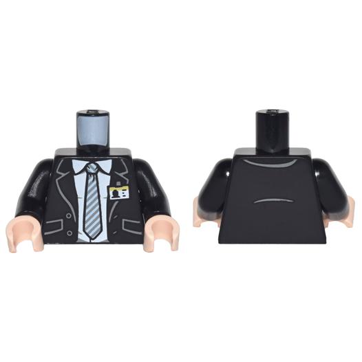 Torso Suit with Pockets and Buttons over White Shirt with Collar and Gray Striped Tie and ID Badge Pattern / Black Arms / Light Nougat Hands - Part - 973pb2647c01 - Black - used - Qty:1