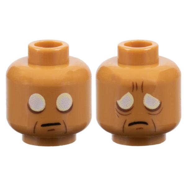 Minifigure Head Dual Sided Large White Eyes with Bright Light Yellow Edges Reddish Brown Eye Bags and Wrinkles Neutral / Sad with Furrowed Brow Pattern - Part - 3626pb1060 - Medium Nougat - used - Qty:1