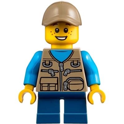 Child - Boy Dark Tan Vest over Dark Azure Shirt Dark Blue Short Legs Dark Tan Cap Freckles - Minifigure