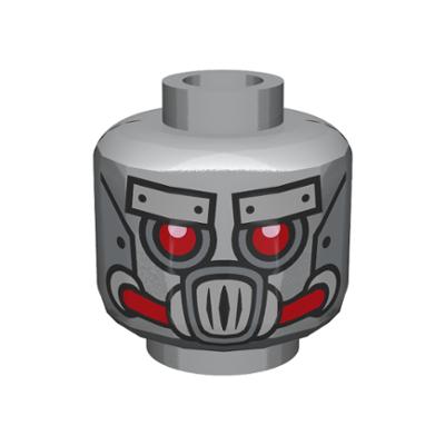 Minifigure Head Alien with Robot Red Eyes and Mouth and Silver Metal Plates Eyebrows and Mask Pattern - Part - 3626pb1114 - Flat Silver - used - Qty:1