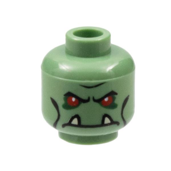 Minifigure Head Alien Troll with Red Eyes Black Eyebrows and Cheek Lines Dark Green Eye Shadow and Frown with Tan Lower Fangs Pattern - Part - 3626pb0280 - Sand Green - used - Qty:1