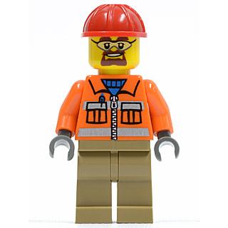 Construction Worker - Orange Zipper Safety Stripes Orange Arms Dark Tan Legs Red Construction Helmet Safety Goggles - Minifigure - New