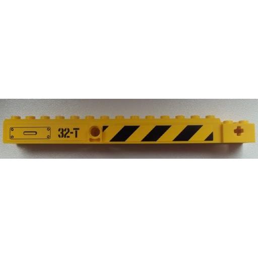 Crane Arm Outside Wide with Pin Hole at Mid-Point with '32-T' and Black and Yellow Danger Stripes Pattern on Both Sides (Stickers) - Set 60026 - Part - 57779pb009 - Yellow - used - Qty:1