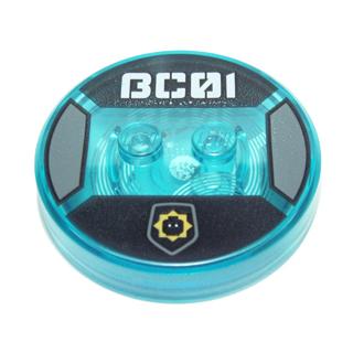 Dimensions Toy Tag 4 x 4 x 2/3 with 2 Studs and Trans-Light Blue Bottom with Minifigure Head in Yellow Star Badge and Stylized White 'BC01' on Black Background Pattern (Bad Cop) - Part - 18605c01pb30 - Trans-Light Blue - used - Qty:1
