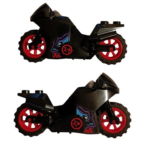 Motorcycle Sport Bike with Black Frame Red Wheels and Dark Bluish Gray Handlebars with Red Ninjago Logogram 'DS' Circle Dragon Pattern on Both Sides (Stickers) - Set 70638 - Part - 18895c07pb01 - Black - used - Qty:1
