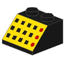 Slope 45 2 x 2 with 12 Buttons and 3 Red Lamps on Yellow Background Pattern - Part - 3039p33 - Black - used - Qty:1
