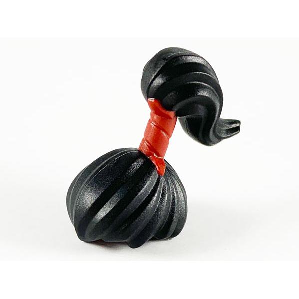 Minifigure Hair Pulled Back into High Ponytail with Dark Red Wrap Pattern - Part - 65425pb01 - Black - used - Qty:1