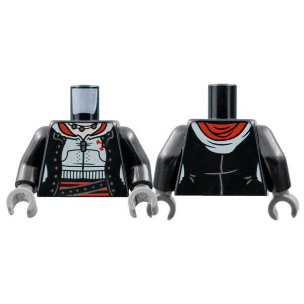 Torso Female Open Jacket with Buttons White Hoodie Silver Zipper and Necklace Red Trim Belt Pattern / Black Arms / Dark Bluish Gray Hands - Part - 973pb4887c01 - Black - used - Qty:1