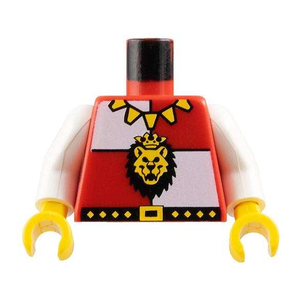 Torso Castle Royal Knights Lion Head and Necklace Pattern / White Arms / Yellow Hands - Part - 973p4ec01 - Red - used - Qty:1