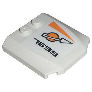 Wedge 4 x 4 x 2/3 Triple Curved with Modified Classic Space Logo and '7699' Pattern Model Right (Sticker) - Set 7699 - Part - 45677pb039r - White - used - Qty:1