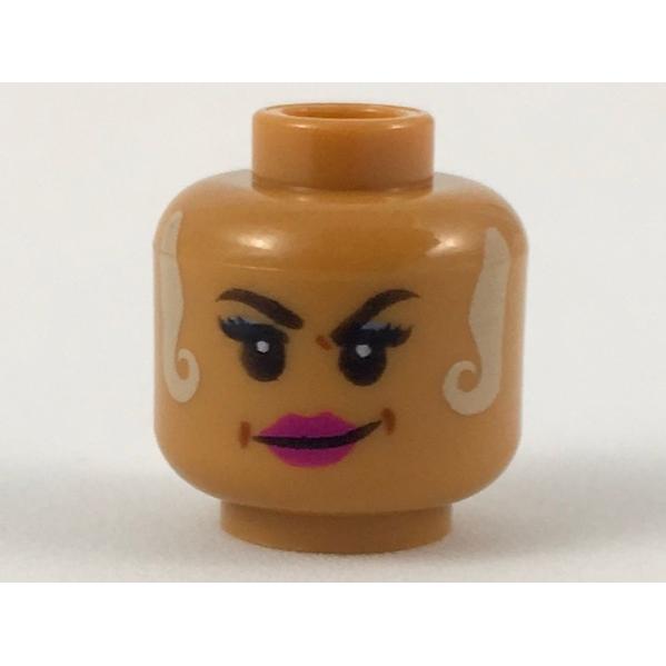 Minifigure Head Female Black Eyebrows White Locks Hanging on Both Sides Magenta Lips Smirk Pattern - Part - 3626pb2216 - Medium Nougat - used - Qty:1