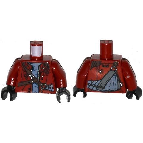 Torso Open Zipper Jacket over Gray Shirt with Silver Rivets and Leather Straps Sling Bag on Back Pattern / Dark Red Arms / Black Hands - Part - 973pb1729c01 - Dark Red - used - Qty:1