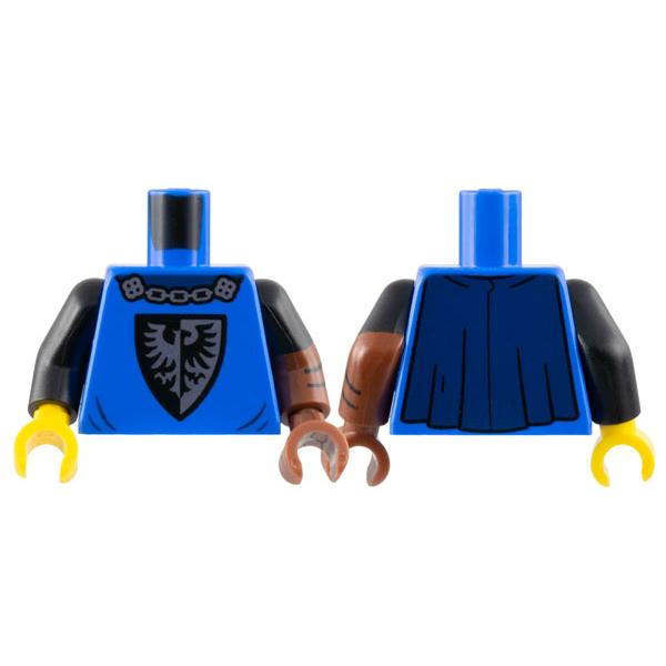 Torso Castle Black Falcon with Silver Chain Dark Blue Cape Pattern / Reddish Brown Arm Left with Black Short Sleeve and Chevrons Pattern / Black Arm Right / Reddish Brown Hand Left / Yellow Hand Right - Part - 973pb4971c01 - Blue - used - Qty:1
