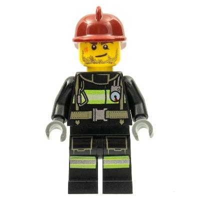 Fire - Reflective Stripes with Utility Belt Dark Red Fire Helmet Crooked Smile and Scar - Minifigure - New