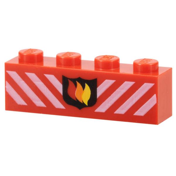 Brick 1 x 4 with Fire Logo Badge and White Danger Stripes Pattern - Part - 3010pb009 - Red - used - Qty:2