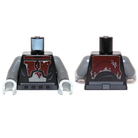 Torso SW Mandalorian Armor Plates Dark Red and Silver Tattered Pattern (Mandalorian Super Commando) / Dark Bluish Gray Arms / Light Bluish Gray Hands - Part - 973pb1485c01 - Black - used - Qty:1