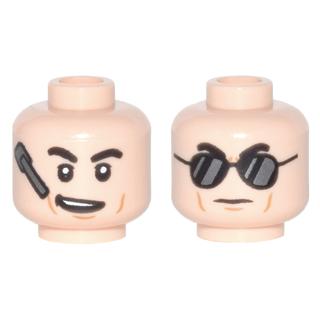 Minifigure Head Dual Sided Black Eyebrows Cheek Lines Headset and Crooked Smile / Black Sunglasses with Reflections Pattern - Part - 3626pb1774 - Light Nougat - used - Qty:1