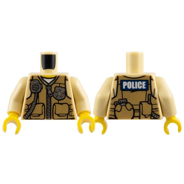 Torso Police Shirt with Dark Tan Vest with Pockets Silver Radio and Badge Zipper and 'POLICE' Pattern on Back / Tan Arms / Yellow Hands - Part - 973pb1886c01 - Tan - used - Qty:1