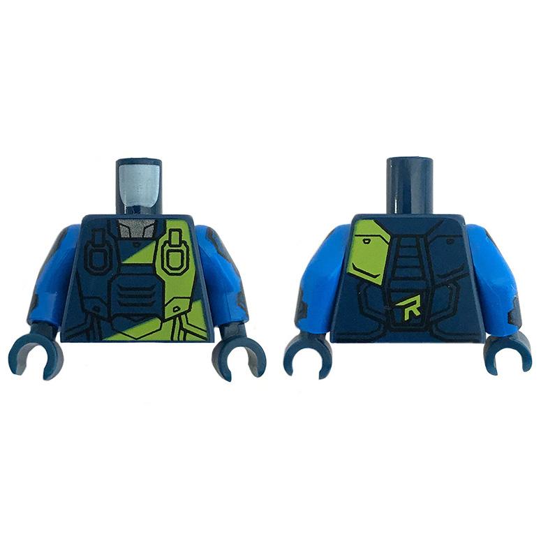 Torso Spacesuit with Lime 'R' and Stripe over Reflective Shirt Pattern / Blue Arms with Dark Blue Pads / Dark Blue Hands - Part - 973pb3430c01 - Dark Blue - used - Qty:1