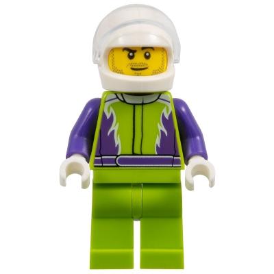 Monster Truck Driver Lime Legs and Jacket with Purple Flames and Arms White Helmet - Minifigure - New