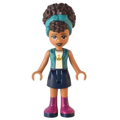 Friends Andrea - Dark Turquoise Jacket over White Top with Crown Dark Blue Skirt with Magenta Boots Dark Turquoise Head Wrap - Minifigure