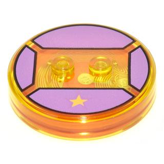 Dimensions Toy Tag 4 x 4 x 2/3 with 2 Studs and Trans-Orange Bottom with Yellow Star on Medium Lavender Background Pattern (Lumpy Space Princess) - Part - 18605c02pb04 - Trans-Yellow - used - Qty:1