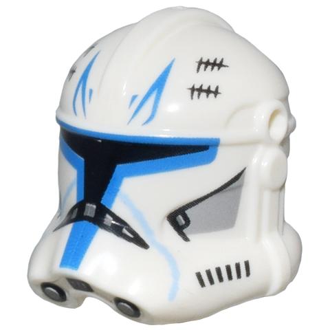 Minifigure Headgear Helmet SW Clone Trooper (Phase 2) with Holes with Black Visor and Tally and Captain Rex Blue Markings Pattern - Part - 2019pb09 - White - used - Qty:1