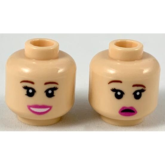 Minifigure Head Dual Sided Female Reddish Brown Eyebrows Dark Pink Lips Smile / Worried with Right Eyebrow Raised Pattern - Part - 3626pb2319 - Light Nougat - used - Qty:1
