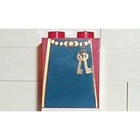 Slope 65 2 x 2 x 2 without Bottom Tube with Minifigure Dress / Skirt / Robe Blue Panel and Keys Pattern - Part - 3678apx1 - Red - used - Qty:1