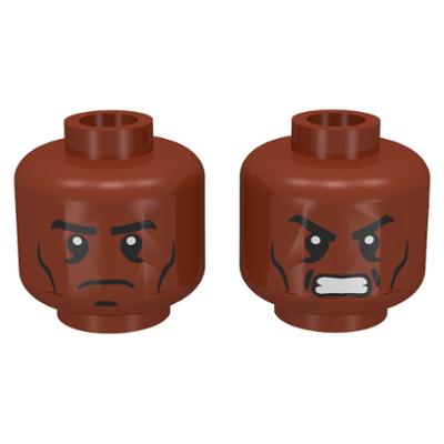 Minifigure Head Dual Sided Black Eyebrows Cheek Lines Determined / Angry Pattern - Part - 3626pb0906 - Reddish Brown - used - Qty:1
