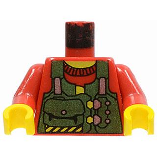 Torso Rock Raiders Green Vest with Pouches Pattern (Bandit) / Red Arms / Yellow Hands - Part - 973px25c01 - Red - used - Qty:1
