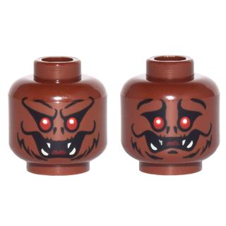 Minifigure Head Dual Sided Alien with Red Eyes Fangs Fur Smiling / Worried Pattern - Part - 3626pb1077 - Reddish Brown - used - Qty:1