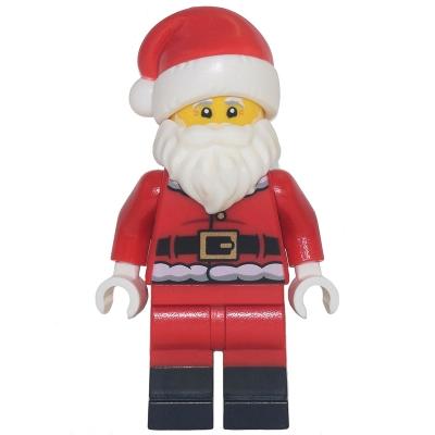 Santa - Fur Lined Jacket with 2 Dark Red Creases on Back Red Legs with Black Boots Santa Hat with Printed Red Top - Minifigure - New