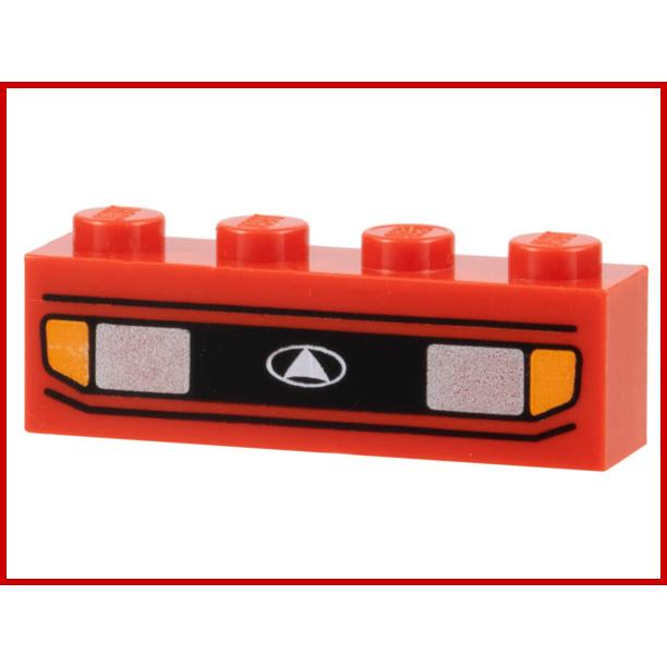 Brick 1 x 4 with Silver Car Headlights Orange Signal Lights Black Grille with White Triangle in Oval Logo Pattern - Part - 3010px1 - Red - used - Qty:3