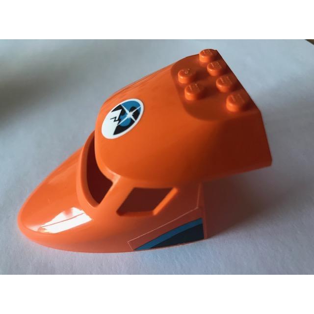 Aircraft Fuselage Forward Top Curved 6 x 10 x 4 with 3 Window Panes with Arctic Explorers Logo and Dark Azure and Dark Blue Stripes Pattern on Both Sides (Stickers) - Set 60193 - Part - 87613pb013 - Orange - used - Qty:1