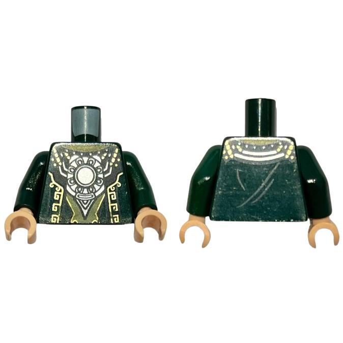 Torso Asian Robe with Gold Stitchery and Round Silver Pendant Pattern / Dark Green Arms / Light Nougat Hands - Part - 973pb1393c01 - Dark Green - used - Qty:1