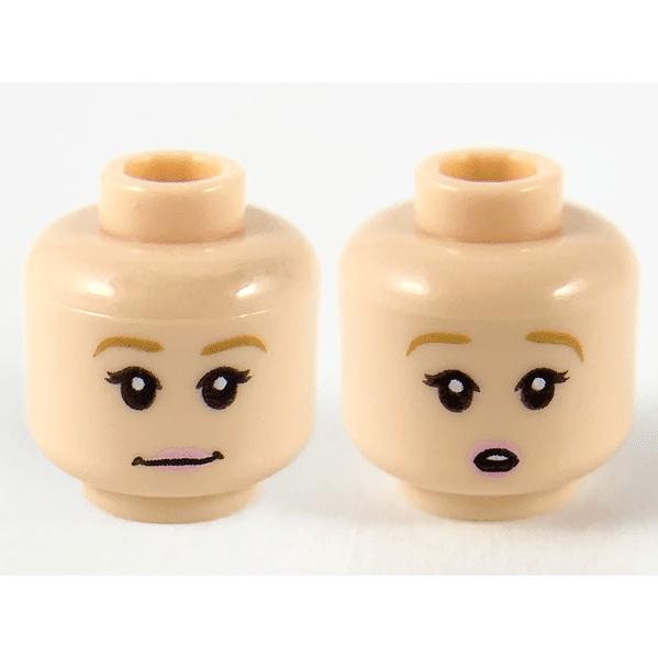 Minifigure Head Dual Sided Female Dark Tan Eyebrows Black Eyelashes Bright Pink Lips Neutral / Surprised Open Mouth with Top Teeth Pattern - Part - 3626pb2629 - Light Nougat - used - Qty:1