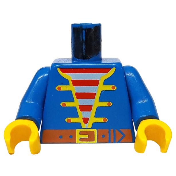 Torso Pirate Jacket Open with Yellow Trim over Shirt with Red and White Horizontal Stripes Dark Orange Belt with Buckle Pattern / Blue Arms / Yellow Hands - Part - 973p34c01 - Blue - used - Qty:1