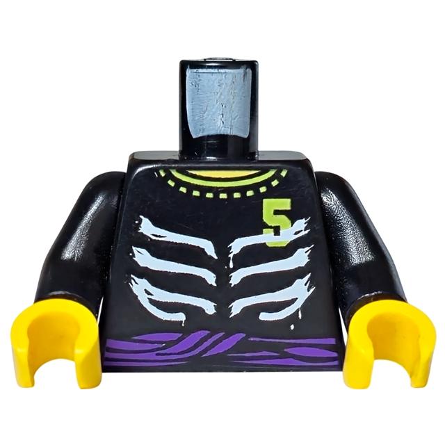 Torso Ninjago Skeleton Ribs White Purple Waist Sash and Number 5 Pattern / Black Arms / Yellow Hands - Part - 973pb1019c01 - Black - used - Qty:1