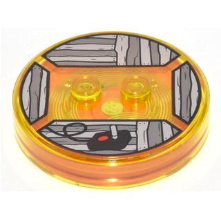 Dimensions Toy Tag 4 x 4 x 2/3 with 2 Studs and Trans-Orange Bottom with Black Video Game Joystick on Dark Bluish Gray and Light Bluish Gray Wood Boards Background Pattern (Jake the Dog) - Part - 18605c02pb03 - Trans-Yellow - used - Qty:1