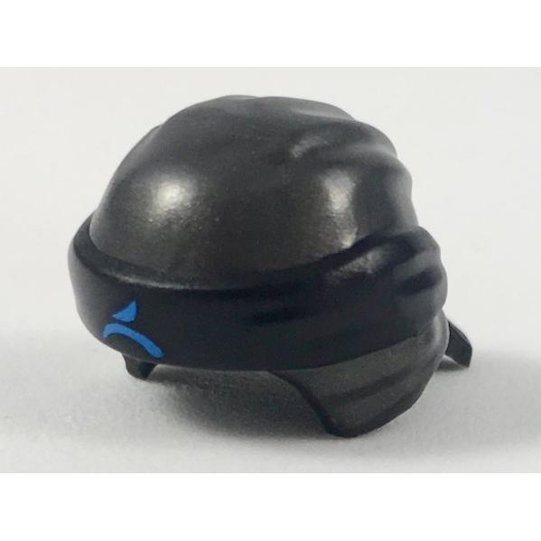 Minifigure Headgear Ninjago Wrap Type 3 with Molded Black Bandana and Knot and Printed Dark Azure Ninjago Logogram Letter W Pattern - Part - 24496pb13 - Pearl Dark Gray - used - Qty:1