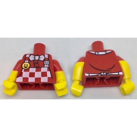 Torso Checkered Apron and White Bow Tie Bright Light Orange Smiley Face Button Pattern / Yellow Arms with Molded Red Short Sleeves Pattern / Yellow Hands - Part - 973pb2696c01 - Red - used - Qty:1