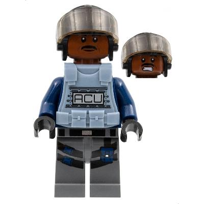 ACU Trooper - Male Black Aviator Cap with Trans-Brown Visor Reddish Brown Head Sand Blue Body Armor Vest - Minifigure - Used
