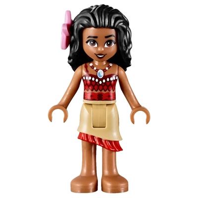 Moana (Medium Nougat) - Mini Doll Dark Red and Red Top with Strap Tan Layered Skirt with Red Ruffle Black Hair Bright Pink Flower - Minifigure