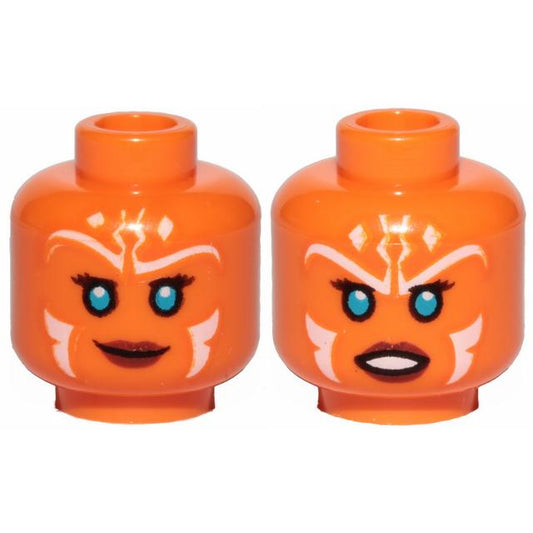 Minifigure Head Dual Sided Alien with SW Ahsoka Blue Eyes and White Lines Smile / Frown Pattern - Part - 3626pb2650 - Orange - new - Qty:1