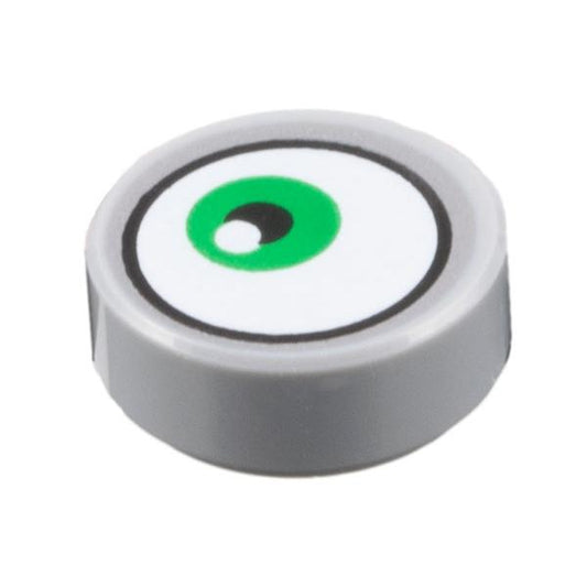 Tile Round 1 x 1 with White Eye with Off-Center Green Iris Pattern - Part - 98138pb140 - Light Bluish Gray - new - Qty:1